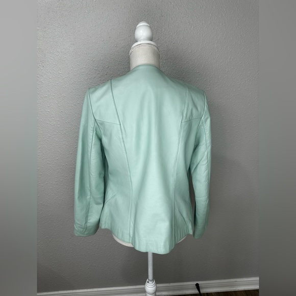 $445 Neiman Marcus Women's Green Leather Zip-Front Moto Coat Jacket Size M - Picture 9 of 16